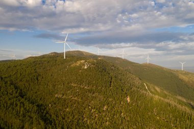 Orman kaplı bir dağda rüzgâr türbinleri