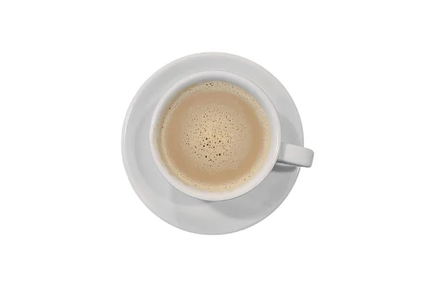 Xícara de café com leite em um pires isolado em fundo branco — Fotografia de Stock