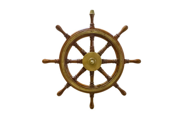 vintage wooden marine steering wheel isolated on white backgroun