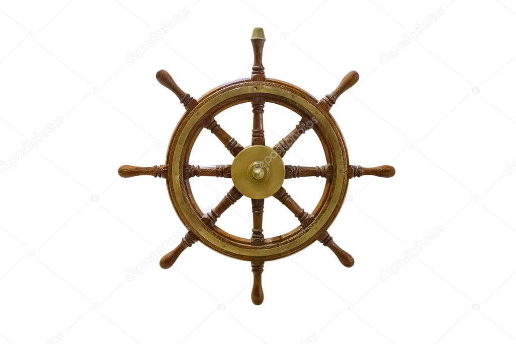 vintage wooden marine steering wheel isolated on white backgroun