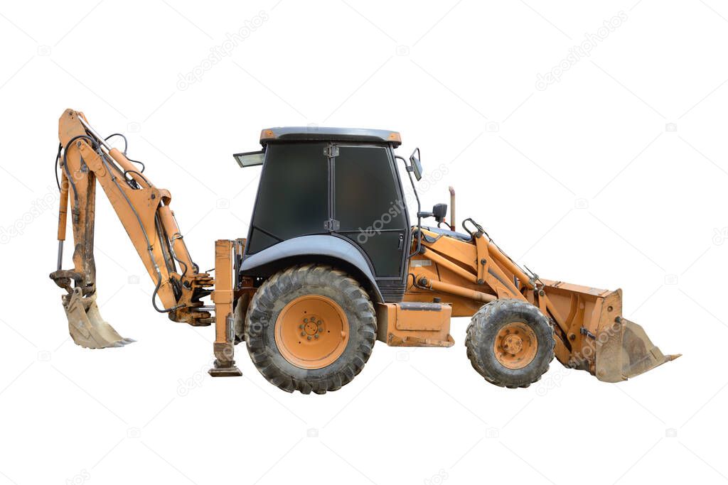 image of yellow tractor with bucket isolated on white background