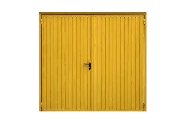 Закрытый Желтый Металлический Гараж Дверь Изолированы Белом Фоне — стоковое фото