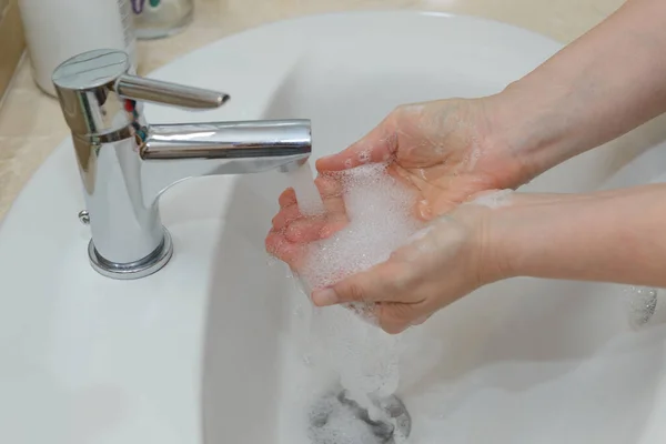 View Female Hands Soapy Foam Tap Water Close — Stock Photo, Image