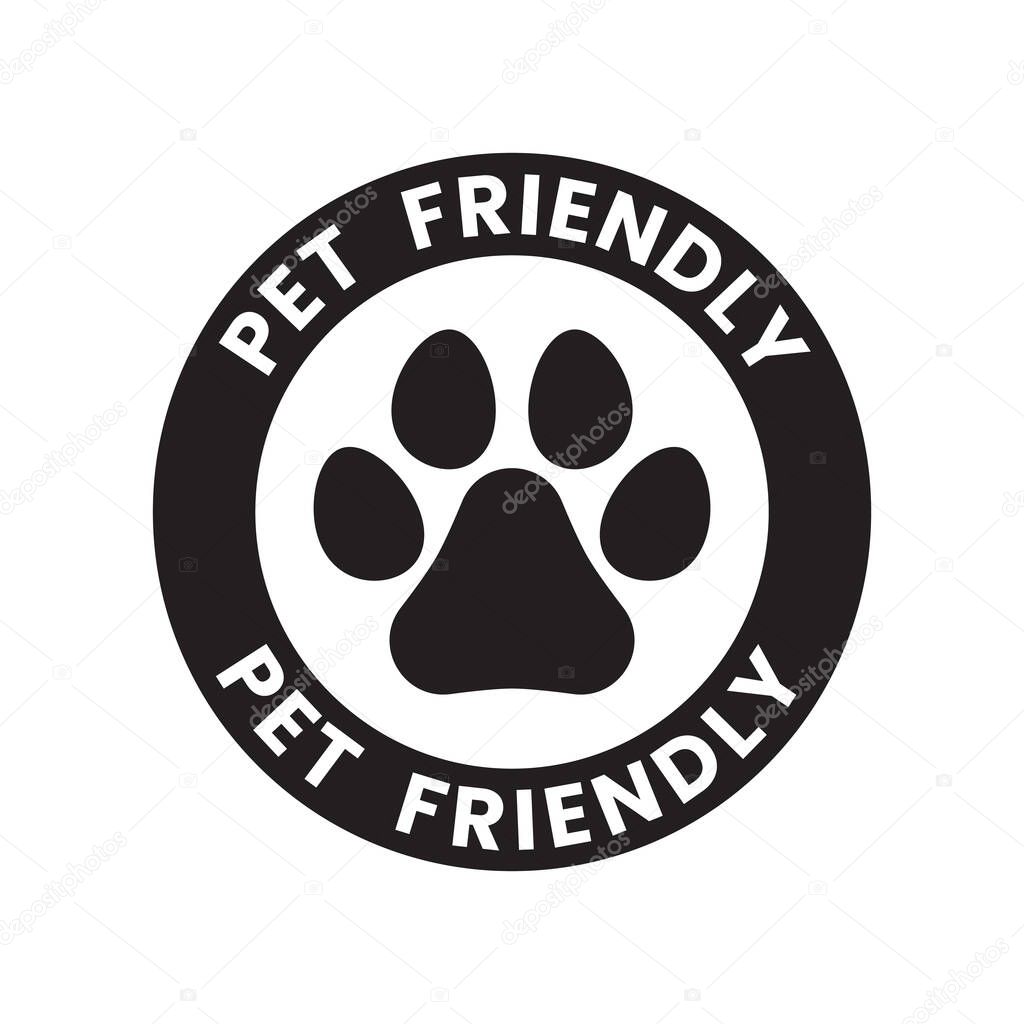 Pet paw or dog label, stamp or sticker with pet friendly text. Pet paw icon. Dog track inside circle. Vet clinic, shop label, sticker, logo