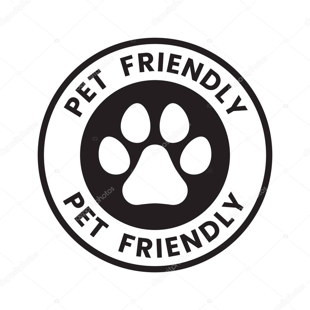 Pet paw or dog label, stamp or sticker with pet friendly text. Pet paw icon. Dog track inside circle. Vet clinic, shop label, sticker, logo