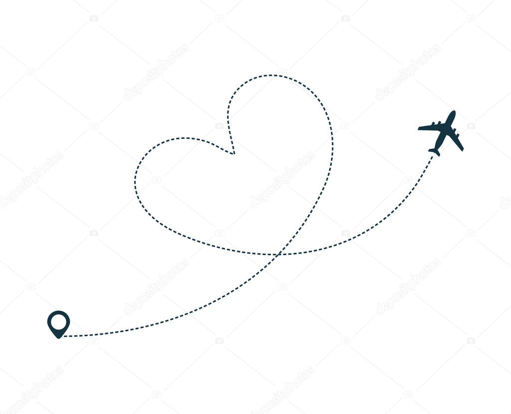 Airplane silhouette icon with dotted line path.