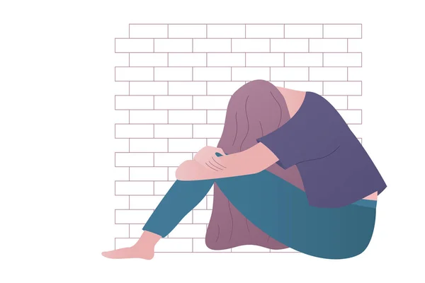 Depresyonda ya da üzgün kız tuğla duvarın yanında oturuyor.. — Stok Vektör