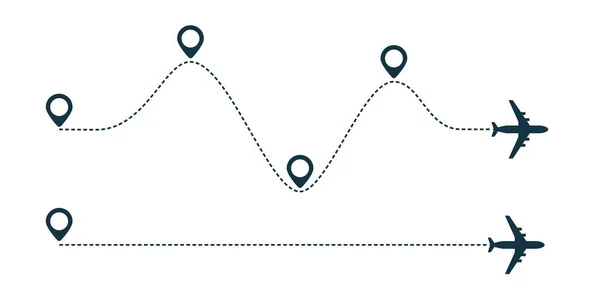 Noktalı çizgi yolu olan uçak silueti simgesi. — Stok Vektör