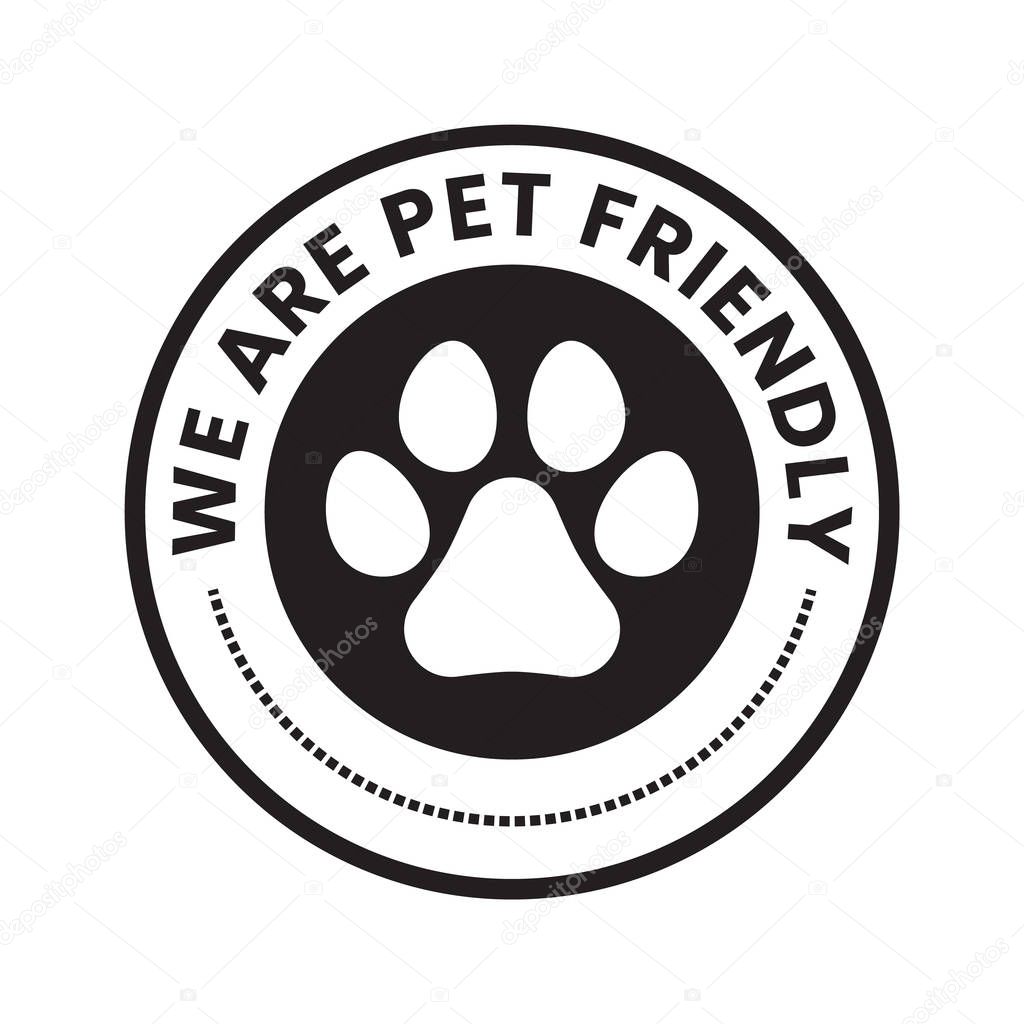 Pet paw or dog label, stamp or sticker with pet friendly text. Pet paw icon. Dog track inside circle. Vet clinic, shop label, sticker, logo