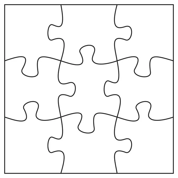 9 legpuzzelstukjes sjabloon. Negen puzzelstukjes met elkaar verbonden. — Stockvector