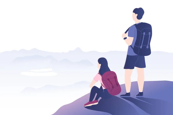 Wanderpaar steht auf dem Felsen und blickt in die Berge — Stockvektor