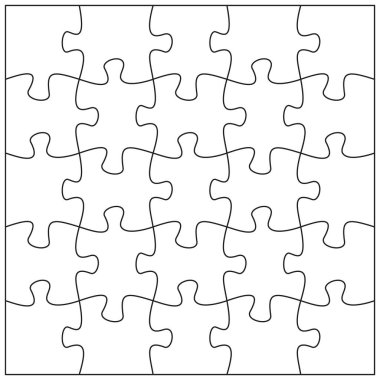 20 adet yapboz parçası. Birbirine bağlı yirmi yapboz parçası.