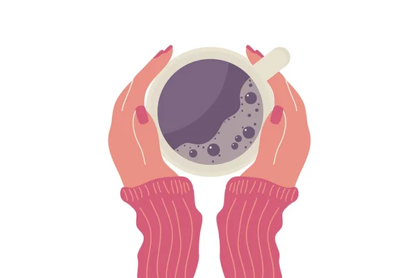 Vrouwelijke handen met koffie of thee mok. — Stockvector