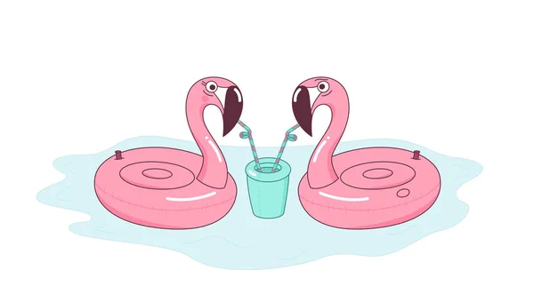 Opblaasbare schattig flamingo paar drinken cocktail samen. — Stockvector