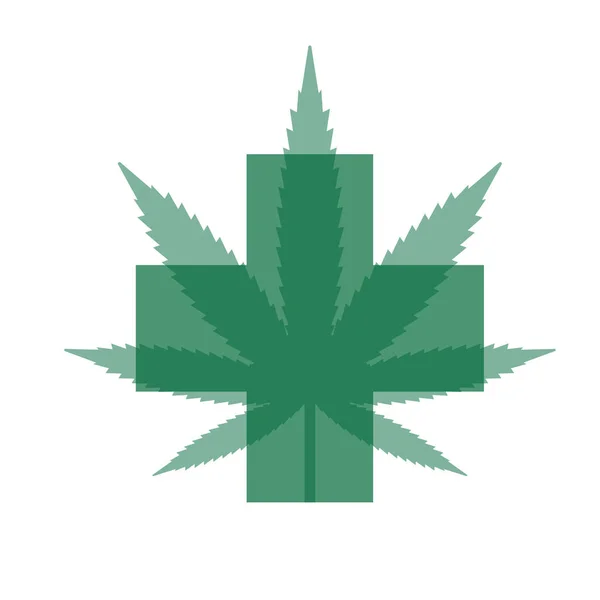 Marihuana, hoja de cannabis con cruz verde en el fondo . — Vector de stock