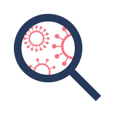 Virüslü büyüteç, koronavirüs, COVID 19 simgesi. Coronavirus laboratuvar testi ve araştırma konsepti. COVID 19, Corona virüsü tespit edildi. Vektör illüstrasyonu