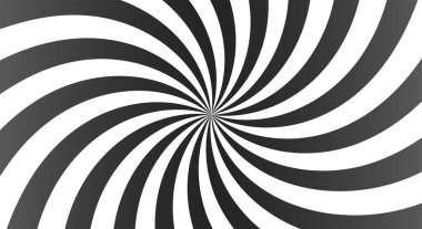 Siyah, beyaz ve gri ışınlı güneş patlaması arka planı. Spiral kıvrımlı arka plan ışınlarla dönüyor. Siyah, gri renkler. Düz vektör illüstrasyonu
