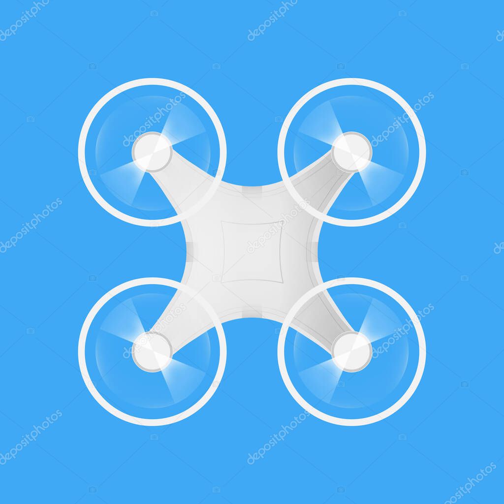 White drone symbol on blue background. Quadcopter with spinning propellers top view. Copter, unmanned aerial vehicle sign. Vector illustration