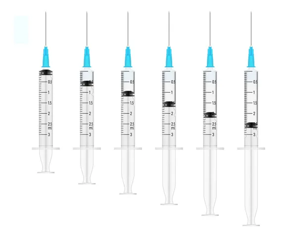 Reeks Realistische Wegwerpspuiten Met Naalden Vaccin Erin Toepasbaar Voor Vaccininjectie — Stockvector