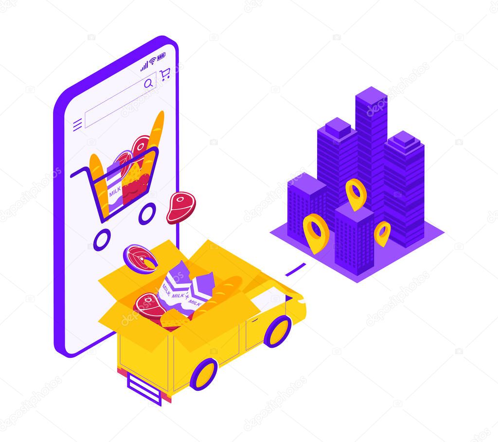 Food online store concept. Phone with retail, food, grocery online shop. Car loading products - meat, fish, milk from cart. Destination as city with buildings. Isometric vector illustration