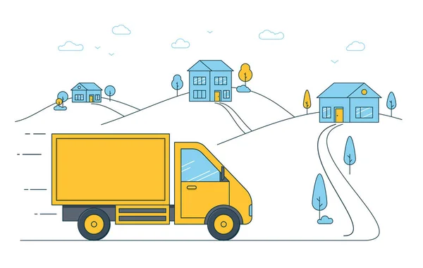 Yellow truck moves to houses in the suburbs. — Stock Vector