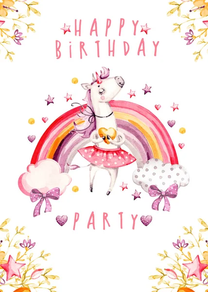 Tarjeta de invitación de cumpleaños unicornio acuarela linda aislada. Unicornios infantiles e ilustración del arco iris. Cartel de unicornios princesa . —  Fotos de Stock