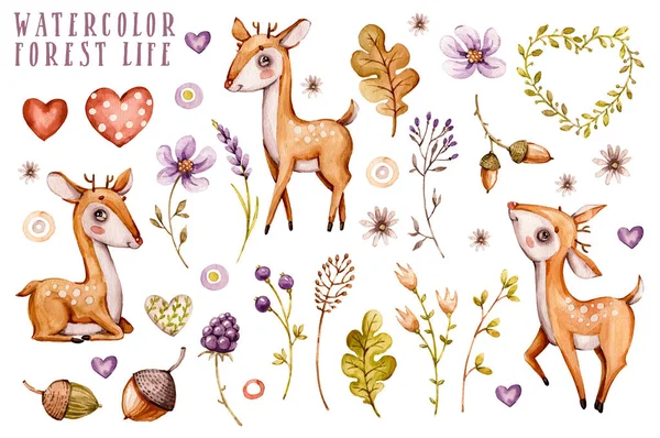 Cute baby deer animal for kindergarten, nursery isolated illustration for children clothing, pattern, prints. Watercolor Hand drawn boho image — ストック写真