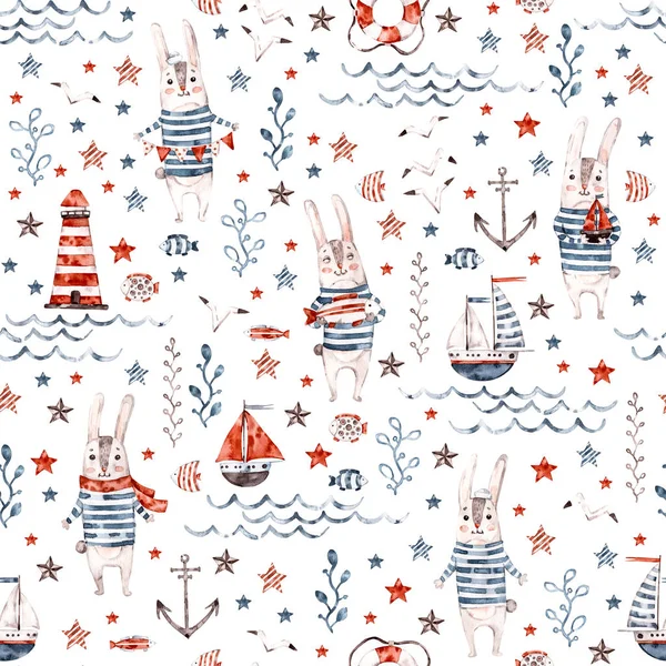 Sailor hand painted bunny. Cute watercolor nautical seamless pattern with rabbit and marine elements for textile, paper and backgrounds.