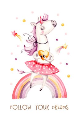 Tek boynuzlu at ve gökkuşağıyla suluboya resim. Bebek partisi, tebrik kartı. Hoş bir arkaplan.
