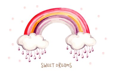 Renkli Gökkuşağı, Bulutlar, yağmur damlaları ve motive edici alıntılarla suluboya kreş tebrik kartları. Suluboya bayramı