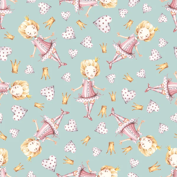 Watercolor cute nursery naive hand painted seamless pattern with princess hearts crown. Childish Handpainted print