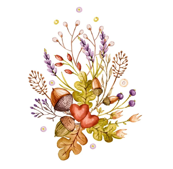 Aquarell Strauß mit Eichenblättern Lavendeleicheln, tolles Design für jeden Zweck. zarte handbemalte florale Hintergrund. — Stockfoto