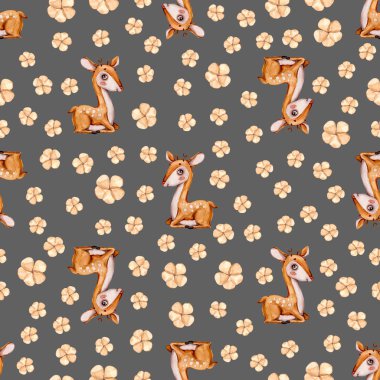 Watercolor cute nursery naive hand painted seamless pattern with deer forest woodland animal Childish Handpainted print