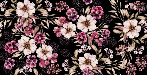 Patrón sin costuras vintage floral de acuarela en impresión negra de lujo. acuarela pintada a mano patrón floral. Ramo floral —  Fotos de Stock