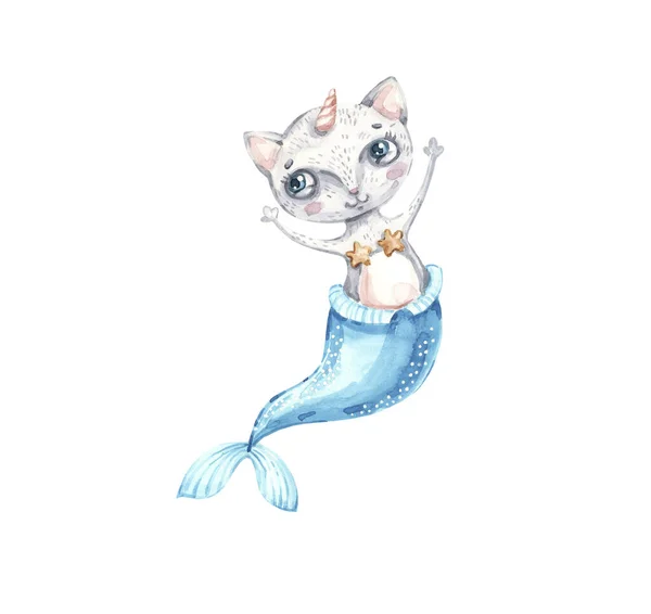 Watercolor nursery Magic cute baby cat mermaid unicorn Childish illustration with fairy animal for apparel. — Stock Photo, Image