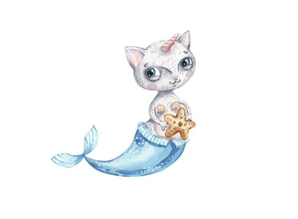 Spaß Kindergarten magische Katze Einhorn und Meerjungfrau Tier isoliert Illustration. Aquarell Nettes Baby Mädchen Aquarell Cartoon Charters. — Stockfoto