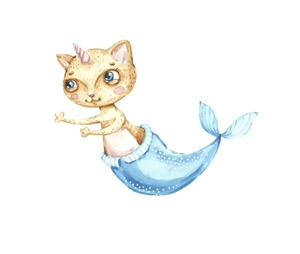Akvarell söt plantskola magi katt enhörning och sjöjungfru djur isolerad illustration. kul baby flicka akvarell tecknad charter — Stockfoto