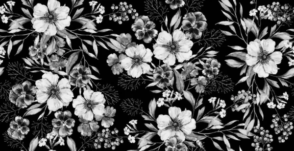 Aquarel monochrome bloemen naadloos patroon met bloemen, bladeren. Bloemen natuur donkere achtergrond textuur. — Stockfoto
