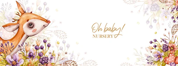 Akvarell koncepció. Erdő rajzfilm portré aranyos baba szarvas állat virágok, levelek. Bölcsődei erdészeti banner illusztráció. — Stock Fotó