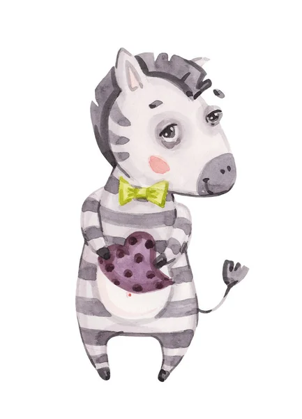 Aquarela berçário bonito bebê zebra, doce desenho animado zebra isolado em branco, moda criança aquarela, ilustração escandinava — Fotografia de Stock