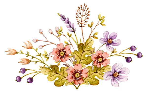 水彩花组合花束与花浆果草，橡木叶，薰衣草，橡果。精致的手绘植物区系背景. — 图库照片