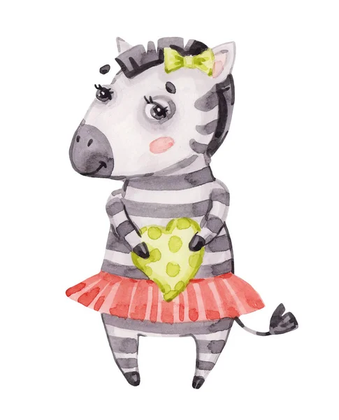 Watercolor nursery cute baby zebra girl, sweet cartoon zebra isolated on white, fashion child vwatercolour, scandinavian illustration for t-shirt, — Zdjęcie stockowe