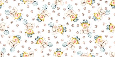 Cute Baby boy elephant watercolor nursery seamless pattern in cartoon style on white background. Safari jungle Watercolour