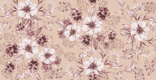 Watercolor floral vintage seamless pattern on luxury neuitral print. hand painted monochrome floral pattern. delicate bouquet Watercolor handpainted