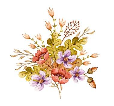 Watercolor floral composition bouquet with flower, berries, grass, oak leaves, acorns. Delicate handpainted floral background