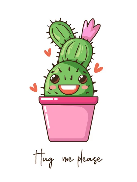 Leuke cartoon kawaii cactus met glimlach gezicht in pot, kroon bloem en citaat. Vector hand getekend illustratie, mode slogan — Stockvector