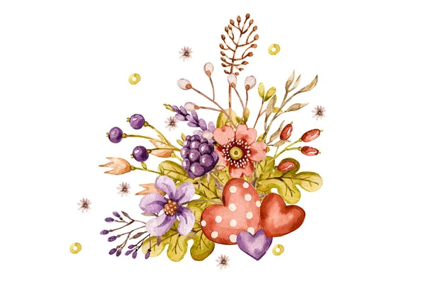 Aquarell Strauß mit Eichenblättern Lavendeleicheln, tolles Design für jeden Zweck. Zarte handbemalte florale Komposition. — Stockfoto