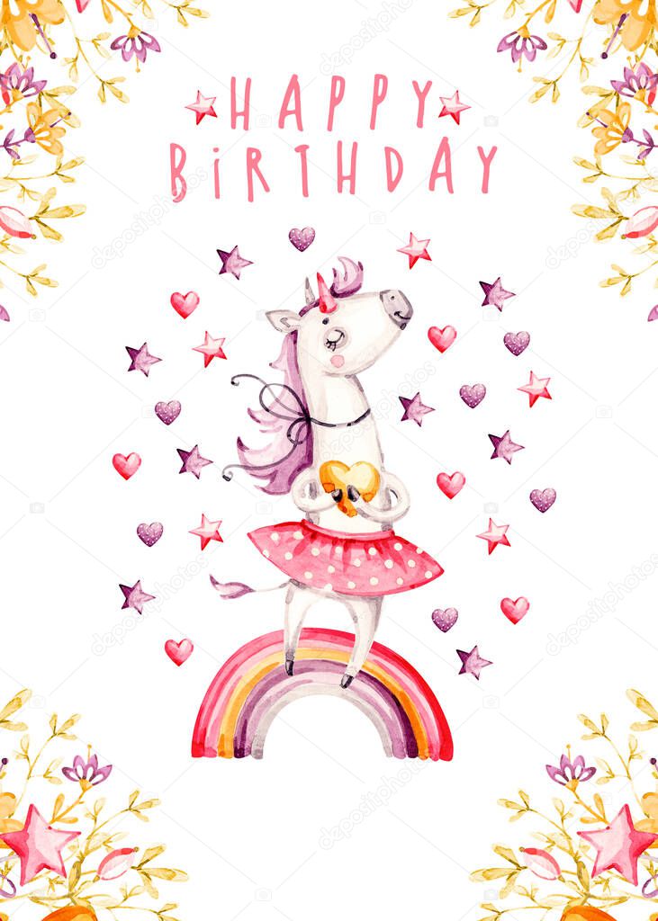 Isolated cute watercolor unicorn Birthday invitation card. Nursery unicorns and rainbow illustration. Princess unicorns poster.