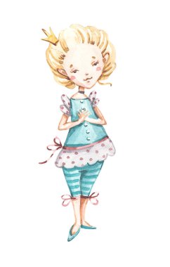 Suluboya el boyası. Taçlı güzel prenses balerin bebek kız. El boyalı suluboya balerin