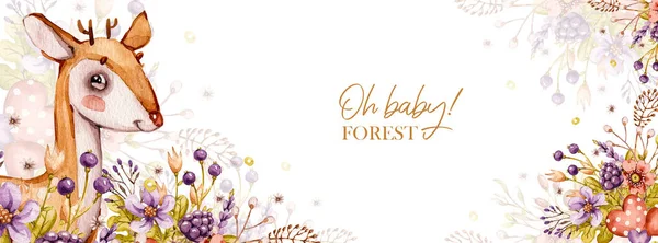 Bölcsődei erdészeti transzparens illusztráció. Rajzfilm portré aranyos baba szarvas állat virágok, levelek. Bohém bohó — Stock Fotó